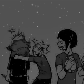 kaminari trying to put a band shirt on bakugou while jirou watches in despair